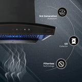 Kutchina Virgose dlx 90 Filterless Auto-clean kitchen Chimney, Suction capacity of 1350 m3/hr with multi speed wave sensor & Touch Control (Black)