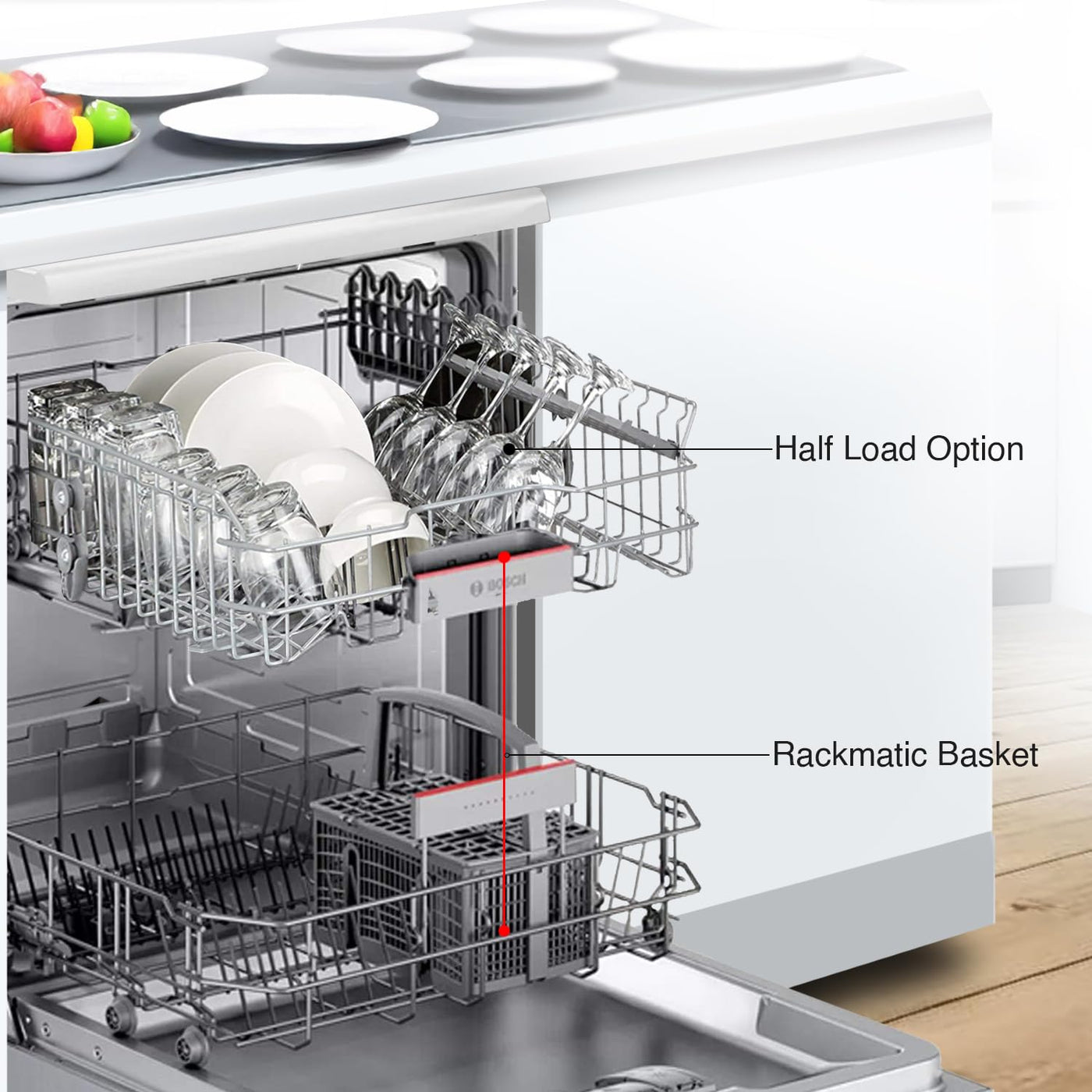 Bosch 13 Place Setting, EcoSilence Drive, Hygiene plus with Intensive  Kadhai program, Adjustable Upper Rack Free Standing Dishwasher, World  Brand