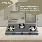Bajaj 3Bjgp7 Stainless Steel Glass Top Gas Stove with 3 Brass Burners, Isi Certified, Anti-Viral & Anti-Bacterial Coating, Black, Regular, Open