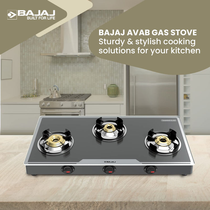 Bajaj 3Bjgp7 Stainless Steel Glass Top Gas Stove with 3 Brass Burners, Isi Certified, Anti-Viral & Anti-Bacterial Coating, Black, Regular, Open