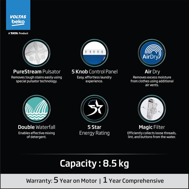 Voltas Beko, A Tata Product 8.5 Kg 5 Star Semi-Automatic Top Loading Washing Machine (2024 Model, WTT85UHA/OK5I0I0W01, Blue, Air Dry & Pulsator wash technology)