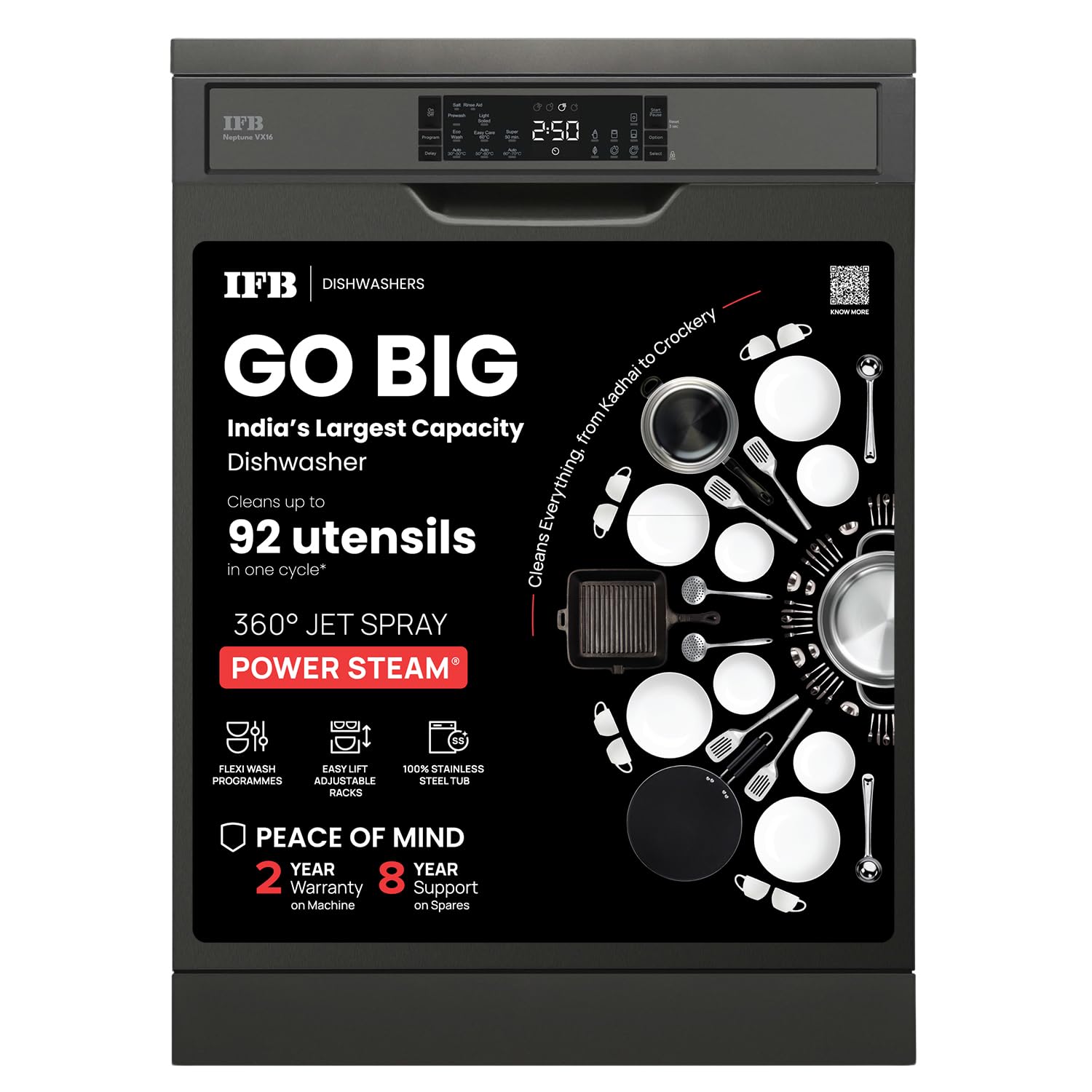 IFB 16 Place Settings with DeepClean Technology Powered by AI Freestanding Dishwasher (Neptune VX16, Inox Grey, Largest Capacity Washes upto 92 Utensils)