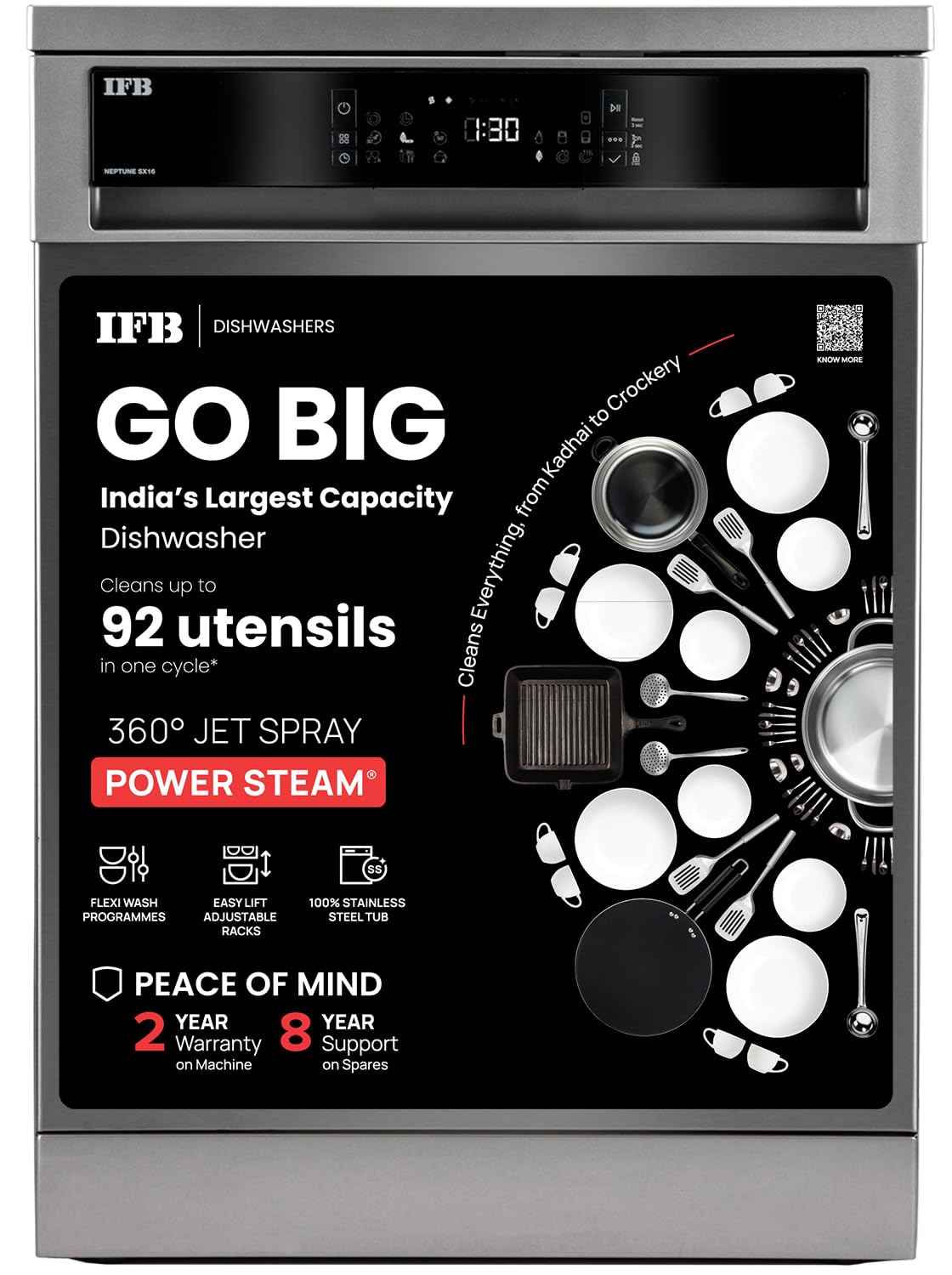 IFB 16 Place Settings with DeepClean® Technology Powered by AI Freestanding Dishwasher (Neptune SX16, Pearl Grey, Auto Door Open for Effective Drying, Interior LED Lighting)