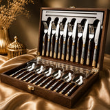 FnS Illumina 24 Pieces Stainless Steel Cutlery Set with Leatherette Gift Box | 6 Pieces Each Dinner Spoons, Dinner Forks, Tea Spoons & Butter Knives | Round Handle Flatware Set