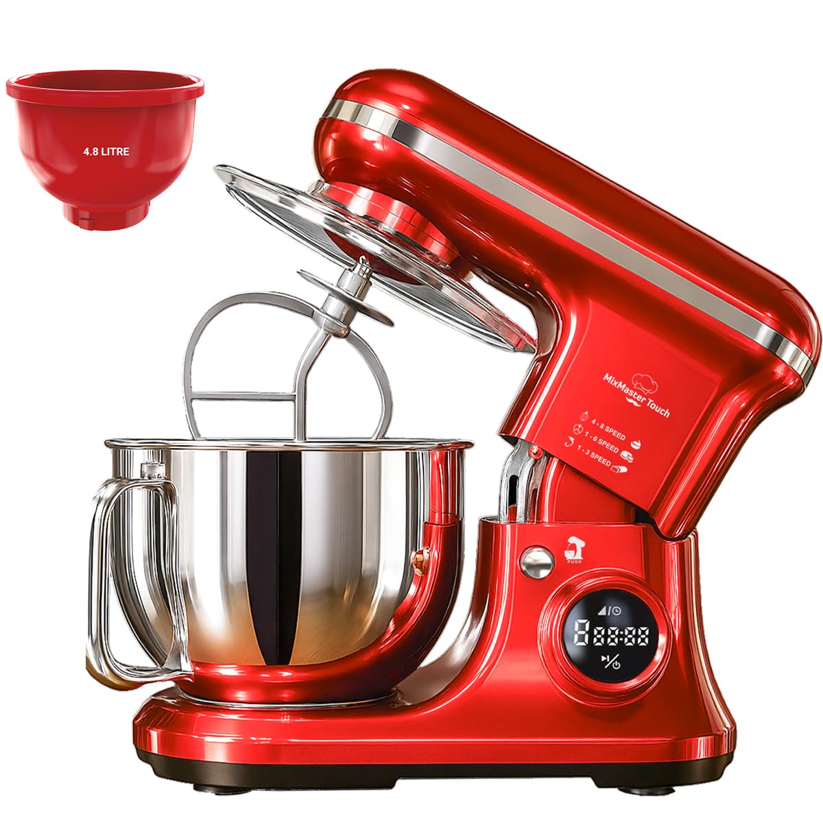 INALSA Professional Stand Mixer-Heavy Duty 1600 Watt Pure Copper Motor| 5.4L SS Bowl & 4.8 L Bowl|Touch Control with Digital Display|Includes Whisking Cone, Mixing Beater & Dough Hook, MixMaster Touch