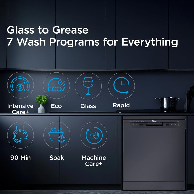 MIDEA 13 Place Setting Freestanding Dishwasher (MDWPF1301F(B), Black,7 wash program, Child Lock, Extra Dry & Intensive 70 degree wash, A++ Energy Efficient,Delay Timer, Half Load, Adjustable Basket)
