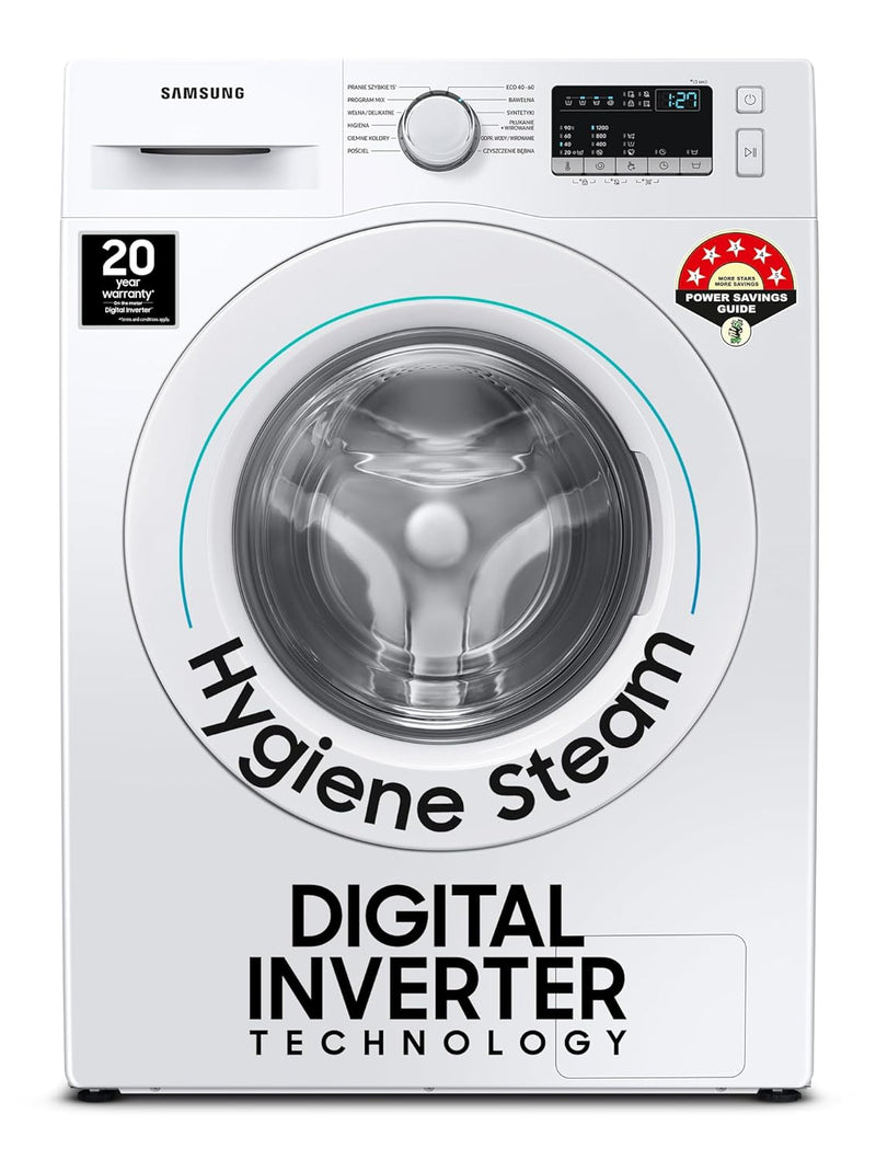 Samsung 7 kg, 5 Star, Digital Inverter Motor, Fully-Automatic Front Load Washing Machine (WW70T4020EE1TL, Hygiene Steam, White, Awarded as Washing Machine Brand of the year)