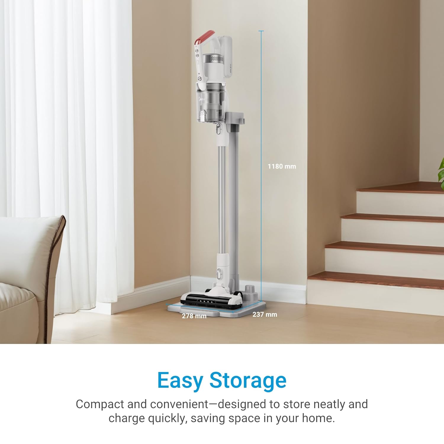 Midea 18P Cordless Vacuum Cleaner with BLDC Motor, Stand, 5-Stage HEPA Filtration, LED Light, 180° Rotatable Brush, Lightweight, Detachable Handheld, Ideal for Car Cleaning & Homes with Pets