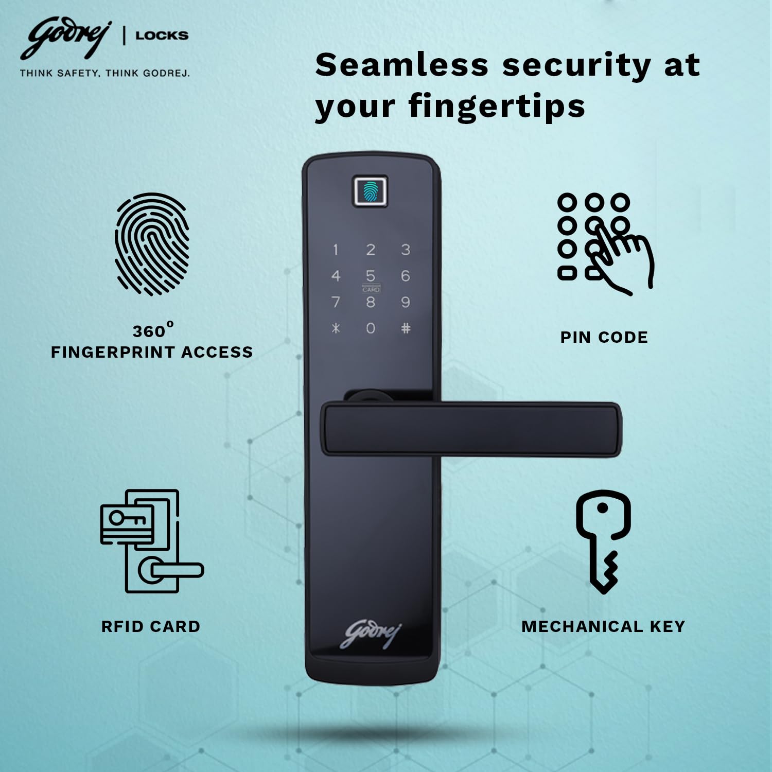 Godrej Smart Lock I Catus Connect I Digital Lock for Wooden Door |5 in 1 Access IWiFi I Fingerprint I RFID Card