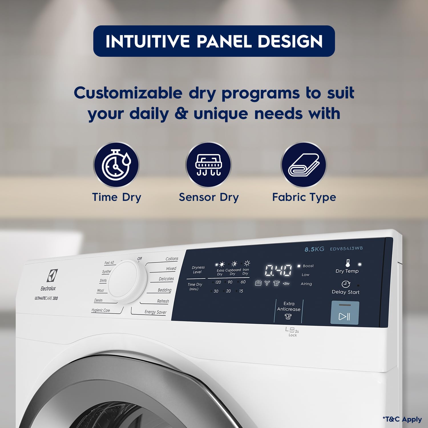 Electrolux 8.5Kg Fully Automatic Vented Clothes Dryer Machine, Reverse Tumbling, Smart Sensors, Colour Care, Drying Only - No Washing Function, White, UltimateCare 300, EDV854J3WB