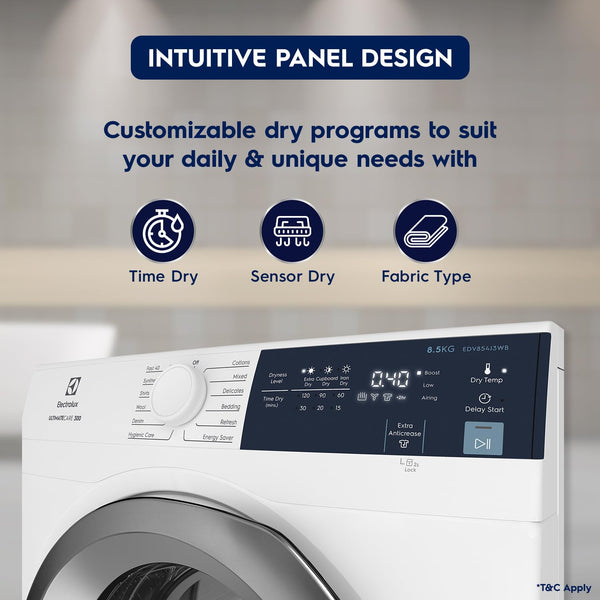 Electrolux 8.5kg Fully Automatic Front Load Venting Dryer, Scandinavian Design with Reverse Tumbling, Smart Sensors, Colour Care Function, White, UltimateCare 300, EDV854J3WB | Open Box like New |
