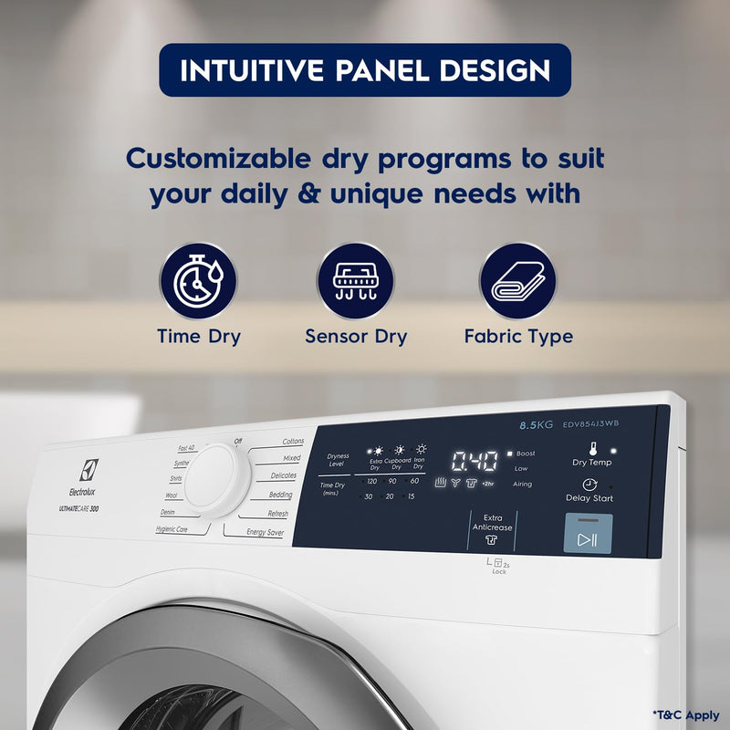 Electrolux 8.5kg Fully Automatic Front Load Venting Dryer, Scandinavian Design with Reverse Tumbling, Smart Sensors, Colour Care Function, White, UltimateCare 300, EDV854J3WB | Open Box like New |
