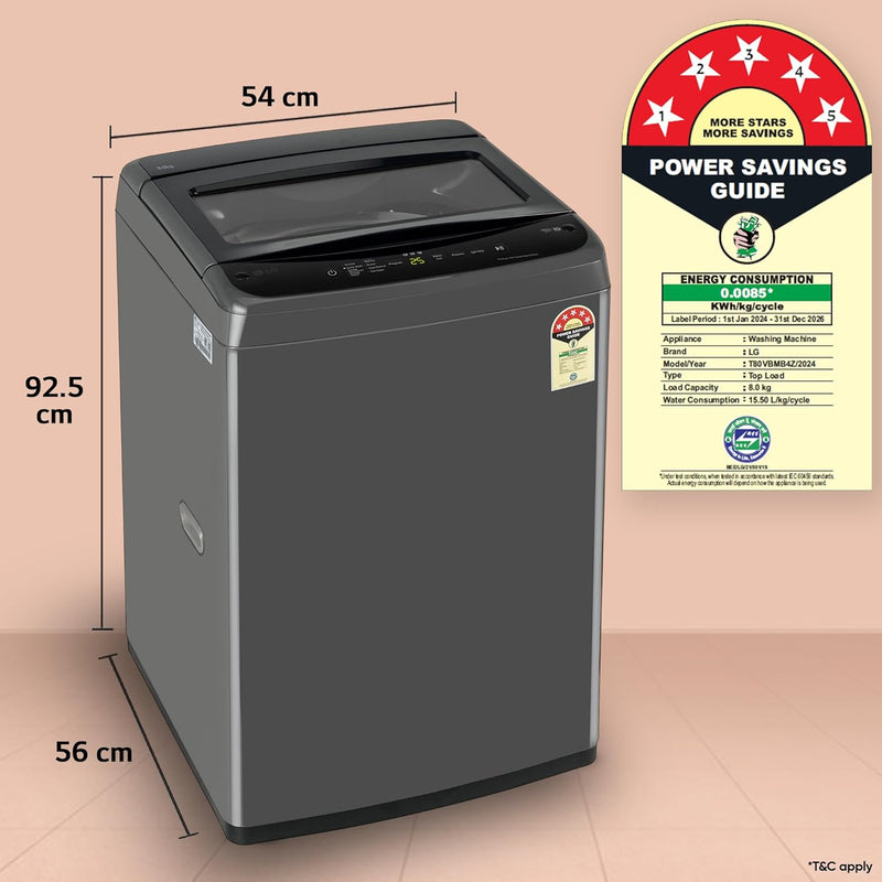 LG 8 Kg 5 Star Smart Inverter Technology Fully Automatic Top Load Washing Machine (T80VBMB4Z, Turbodrum, Auto Prewash, Stainless Steel drum, LED Display)(Touched Up)