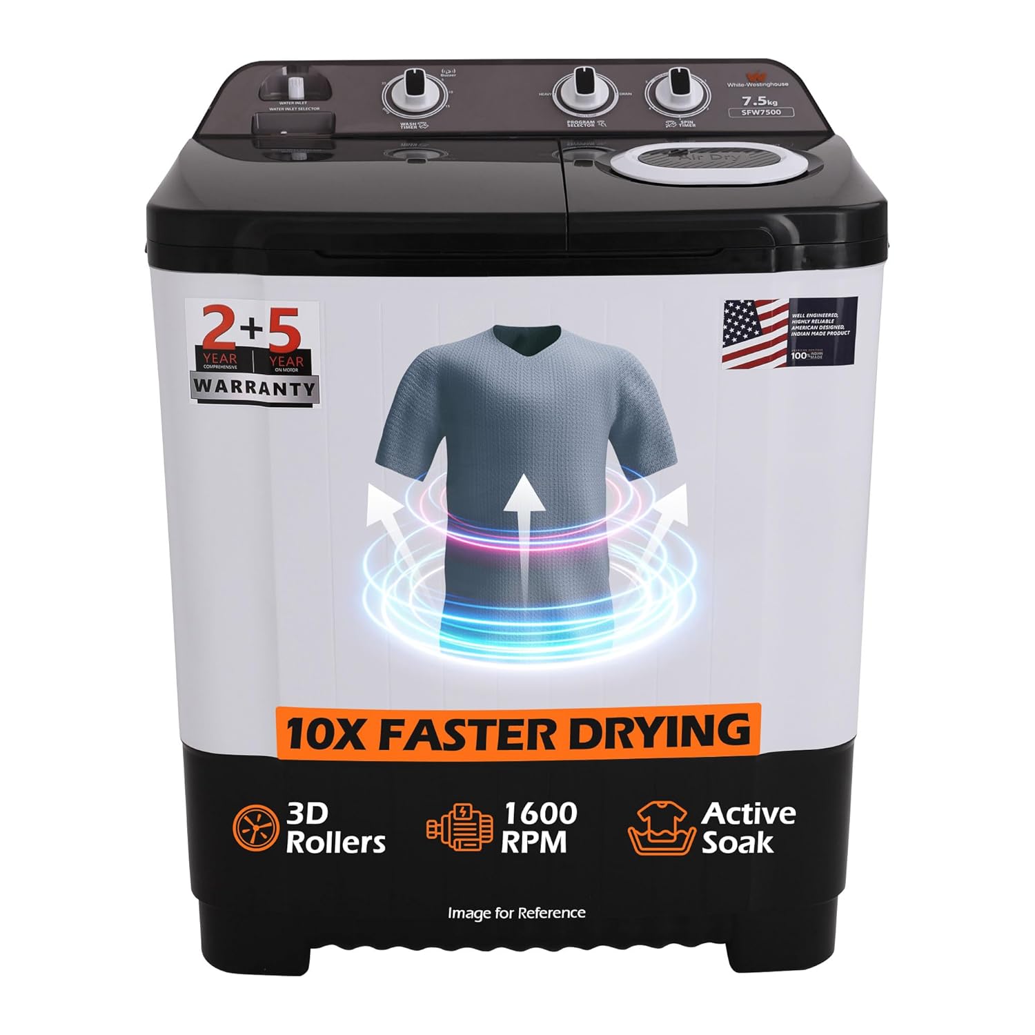 White Westinghouse 7.5 kg 3D Wash Semi Automatic Top Loading Washing Machine (SFW7500/ BLACK/ 2023)