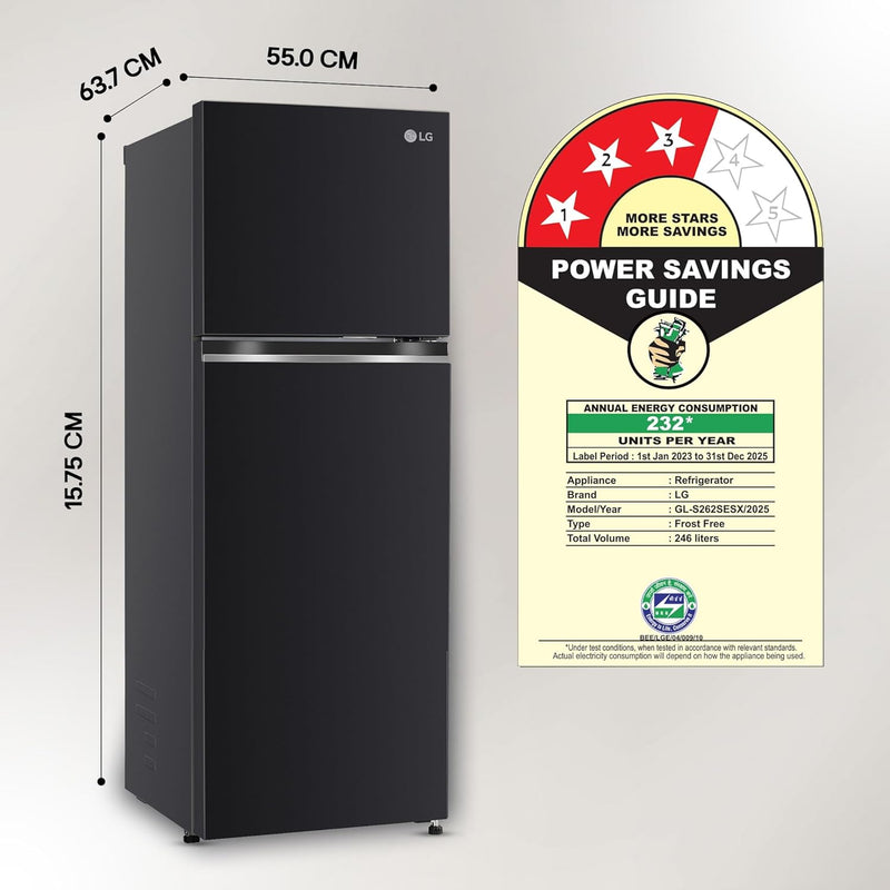 LG 246 L 3 Star Smart Inverter Frost-Free Double Door Refrigerator (, GL-S262SESX, Ebony Sheen, Convertible)