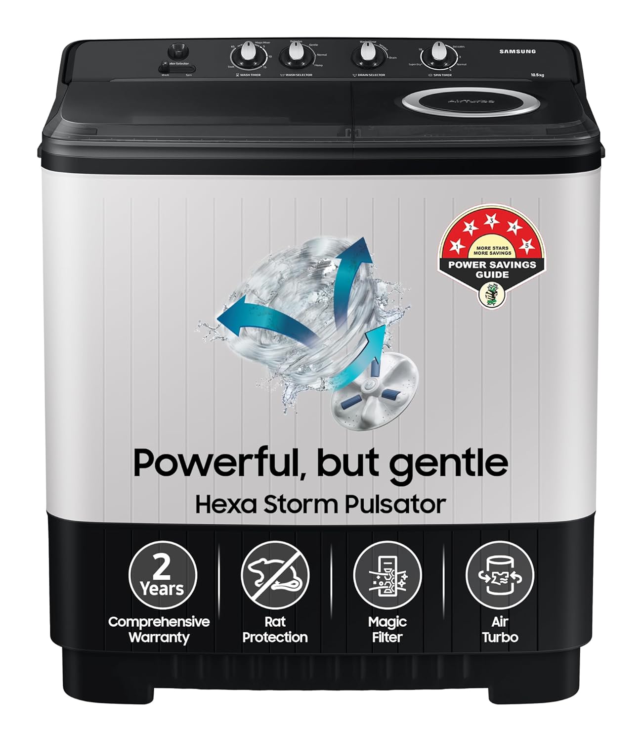 Samsung 10.5 kg, 5 star, Semi-Automatic Top Load Washing Machine (WT10C4260GG/TL, Air Turbo Drying)