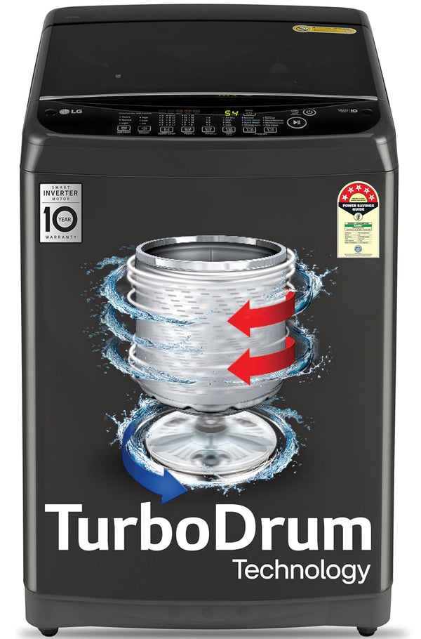 LG 9 kg 5 Star, Smart Inverter Technology, TurboDrum, Jetspray+, Turbowash, Smart Diagnosis, Soft Closing Door, tub cleaning after every wash cycle Fully Automatic Top Load Washing Machine Black, Grey (T90AJMB1Z)