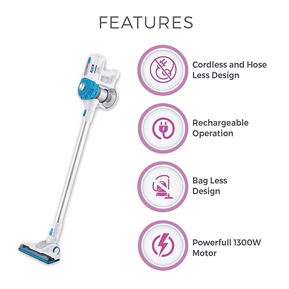 KENT Zoom Vacuum Cleaner, Cordless, Hoseless, Rechargeable 130Watt Vacuum Cleaner with Cyclonic Technology, Bagless Design and Multi Nozzle Operation