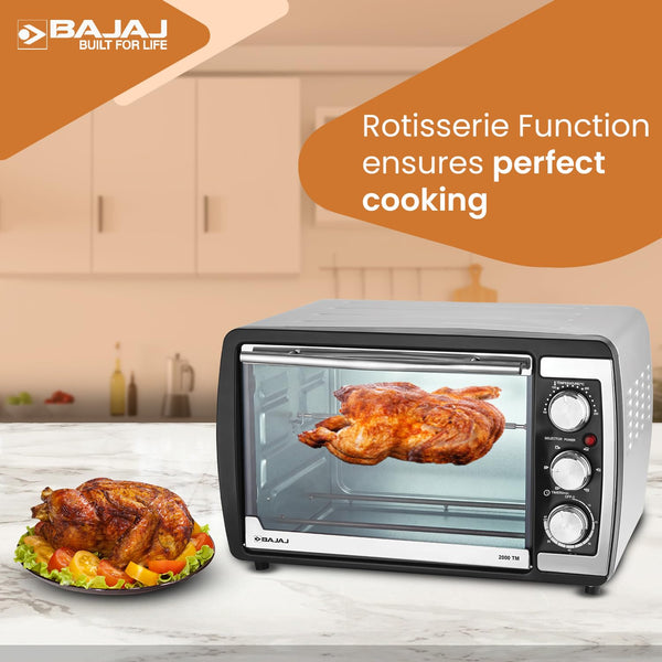 Bajaj 2000TM 20Ltr Oven Toaster Griller (20L OTG) 1400 Watts Oven For Kitchen Grilling, Baking, Toasting & Rotisserie,Transparent Glass Door,Temperature & Timer Control ,Black