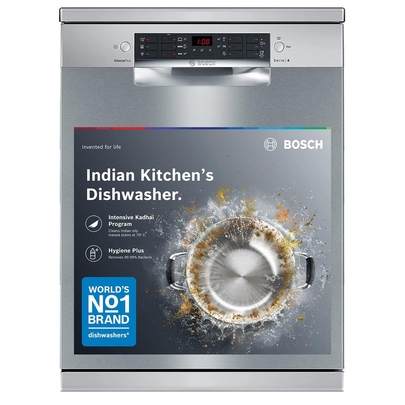 Bosch 15 Place Setting (fits up to 80 utensils) Free-Standing Dishwasher for Indian Utensils | Hygiene+ & Intensive Kadhai Program (SMS46KI03I, Silver Inox, Inbuilt Heater, Removes
