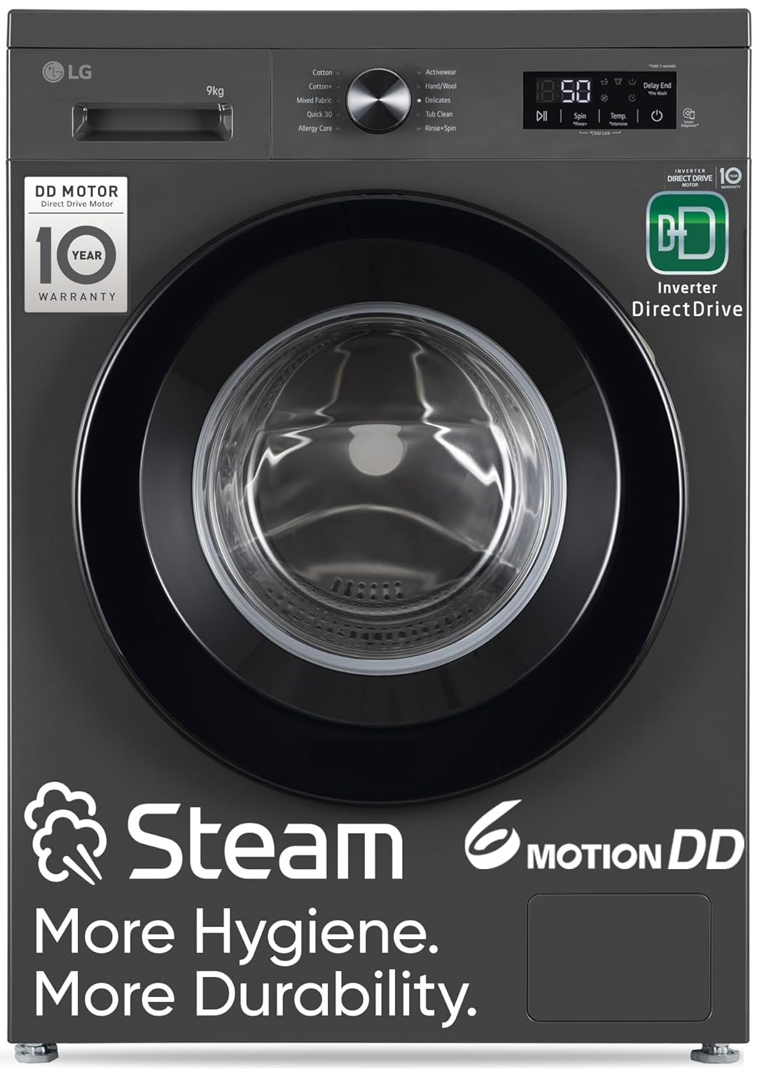 LG 9 Kg, 5 Star, Direct Drive Technology, Steam Wash, 6 Motion DD, Fully-Automatic Front Load Washing Machine (FHB1209Z2M, Allergy Care, In-Built Heater, Touch Panel, Middle Black)