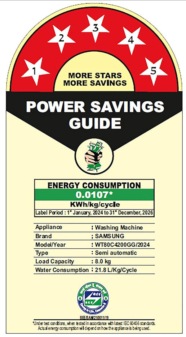 Samsung 8 kg, 5 star, Semi-Automatic Top Load Washing Machine (WT80C4200GG/TL, Air Turbo Drying, Light Gray)