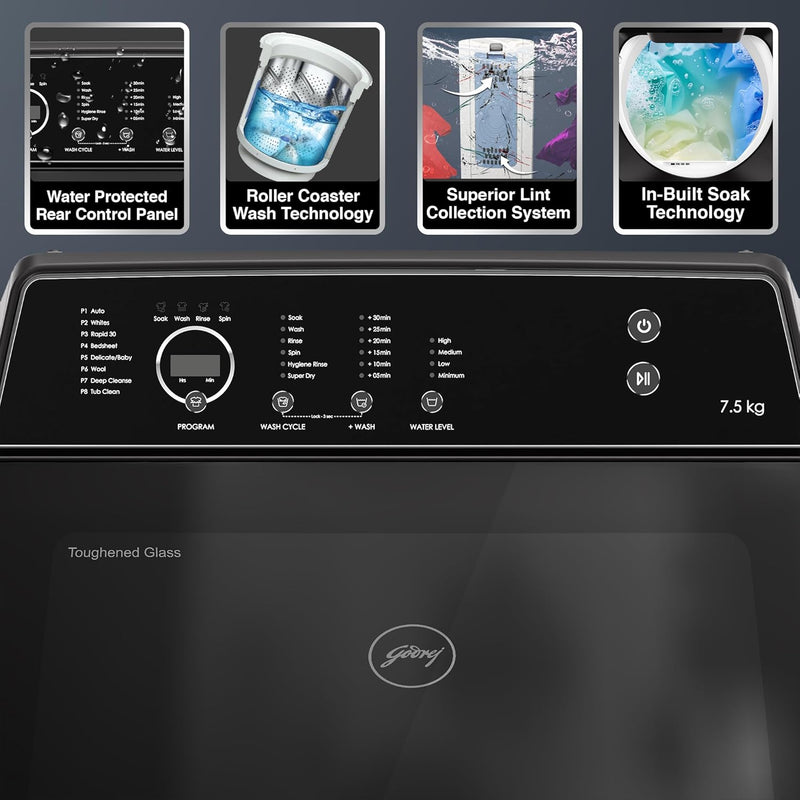 Godrej 7.5 Kg 5 Star Zero Pressure Technology Fully-Automatic Top Load Washing Machine Appliance (WTEON VLVT 75 5.0 FDTN MTBK) (Touched Up)