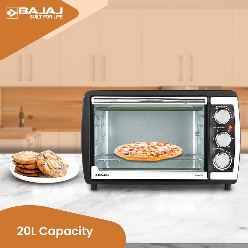 Bajaj 2000TM 20Ltr Oven Toaster Griller (20L OTG) 1400 Watts Oven For Kitchen Grilling, Baking, Toasting & Rotisserie,Transparent Glass Door,Temperature & Timer Control ,Black