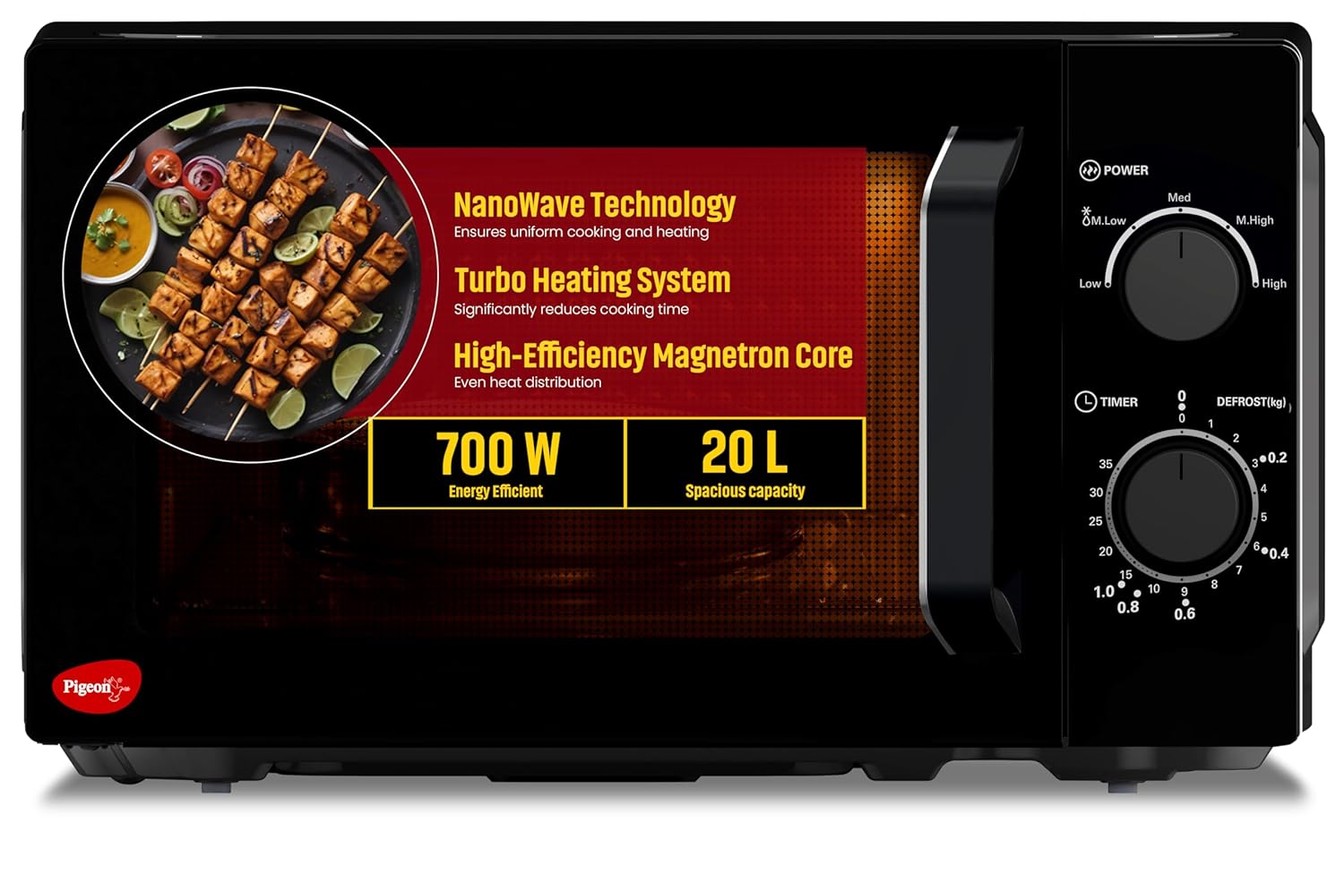 Pigeon 20L Nano Wave Solo Microwave Oven | 700 Watts | 5 power levels (Re-Heat, Pop, Cook, Steam, Defrost - SKSMWO20L) | Black