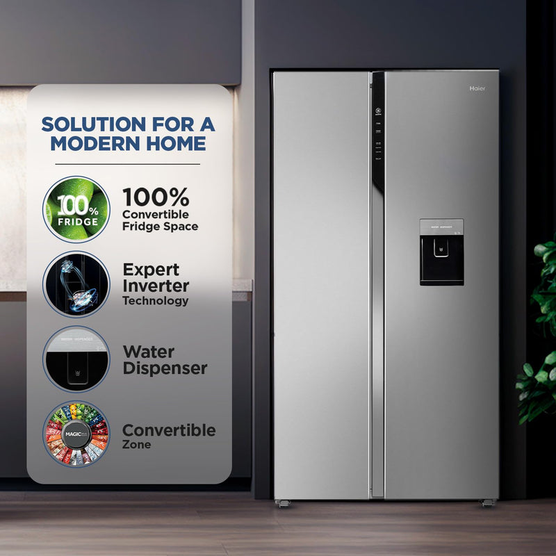 Haier 596 L, Frost Free, Double Door, 100% Convertible Fridge Space Expert Inverter, 2-Door Side by Side Refrigerator WiFi & Water Dispenser (HRS-682SWDU1, Shiny Steell)
