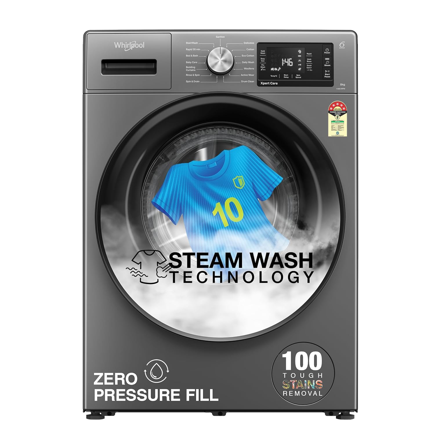 Whirlpool 8 Kg 5 Star Inverter Front Load Fully Automatic Washing Machine with In-Built Heater (XS8014BYM52E, MidNight Grey, Steam Technology, 100+ Tough Stains, 6th Sense Soft Move, 2024 Model)(Touched Up)