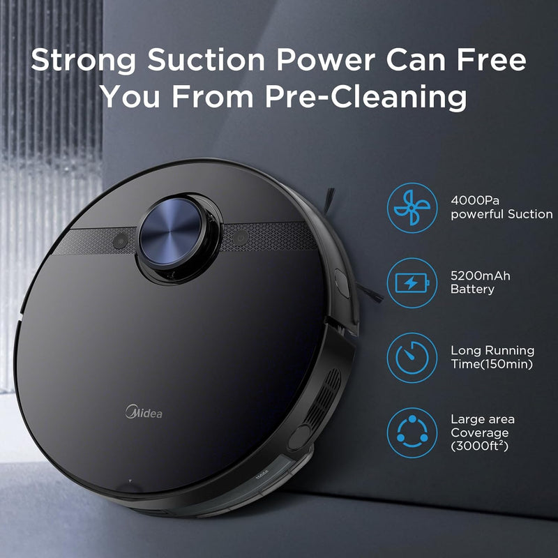 Midea M7 Robotic Vacuum Cleaner |Wet & Dry | BLDC Motor | 4000Pa Suction| 5Th Gen Lidar Navigation 30 Set Sensors |Auto Return Charge| Alexa & Google Enabled, 180 Minutes, Black