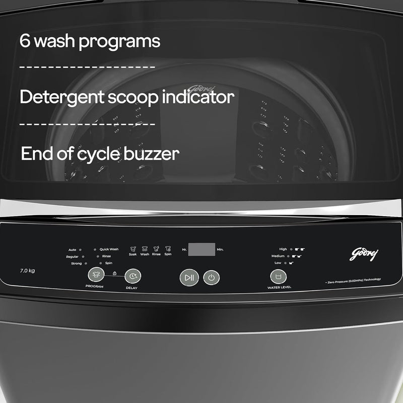 Godrej Smart Choice 7 Kg 5 Star, AI Tech, Fabrisafe Steel Drum, Magic Lint Filter, Fills Tub At ~0 Water Pressure, Fully-Automatic Top Load Washing Machine (WTEON ALP 70 5.0 FDUN GPGR, Graphite Grey)