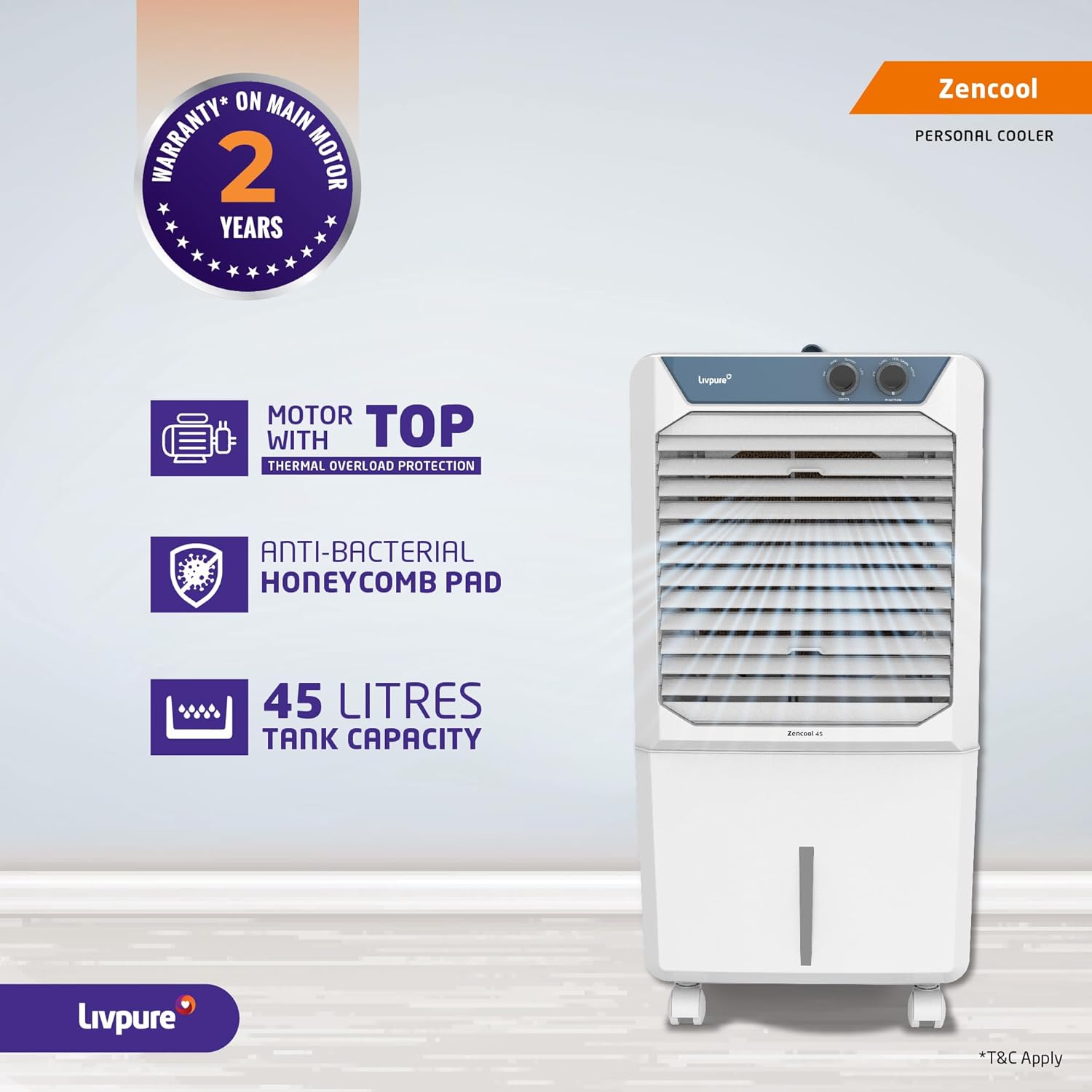 Livpure Zencool Personal Air Cooler- 45L with High Air Delivery, Motor with Thermal Overload Protection, Anti-Bacterial Honeycomb Pads | Inverter Compatibility| 2 year Motor Warranty by Livpure