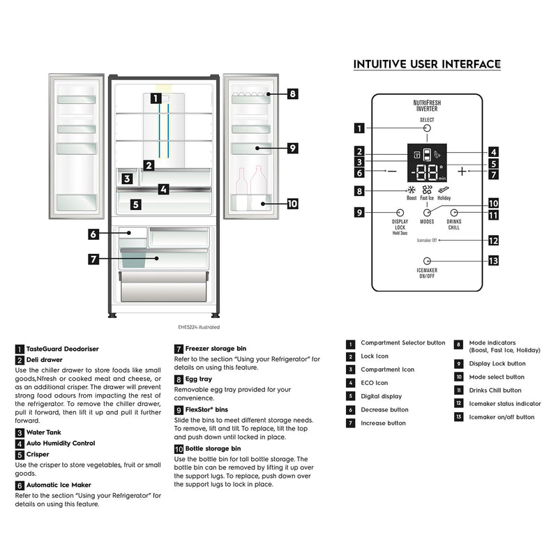 Electrolux 524L Frost Free Inverter French Door Refrigerator, TasteLockAuto Technology, Auto Ice & Even Temp Function, Arctic Silver Steel, UltimateTaste 700, EHE5224C-A | Open Box like New |