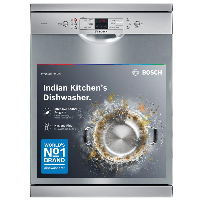 Bosch 13 Place Setting Dishwasher with Intensive Kadhai Program, No Pre-Rinse, 70? Hot water wash, Half Load Option & Extra Cutlery Box - (SMS66GI01I, Silver, Glass Protection Technology)