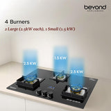 Beyond Appliances Dorado 3 Burner Smart Glass Hobtop Gas Stove | Auto Ignition | Digital Timer | Flame Failure Device | Toughened Glass | LPG & PNG Compatible