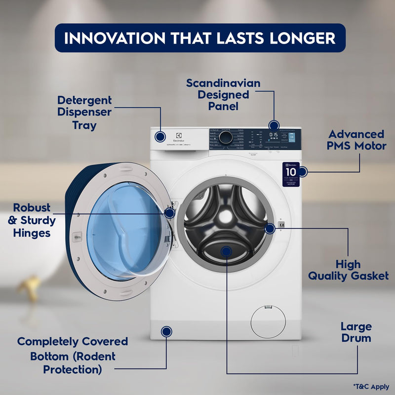 Electrolux 8kg 5 Star Fully Automatic Front Load Washing Machine with UltraMix, Full Load Vapour Wash for Sustainable Clothing, Hygienic Care, EcoInverter, White, UltimateCare 500, EWF8024R5WB