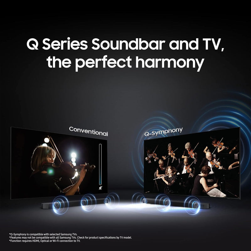 Samsung Q-Symphony Soundbar (HW-Q600C/XL), USB, Bluetooth with 3.1.2 Channel, Wireless Subwoofer, and 2 Up-Firing Speakers, Dolby Atmos Music (Black)