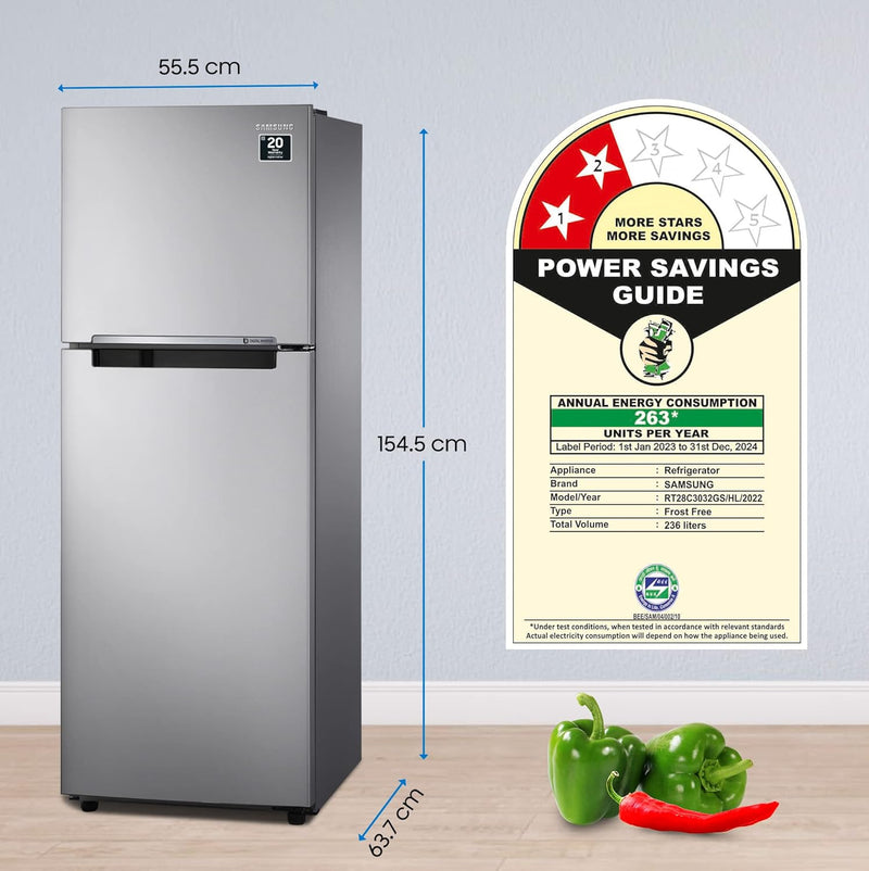 Samsung 236 L, 2 Star, Digital Inverter, Frost Free Double Door Refrigerator (RT28C3032GS/HL, Gray Silver)