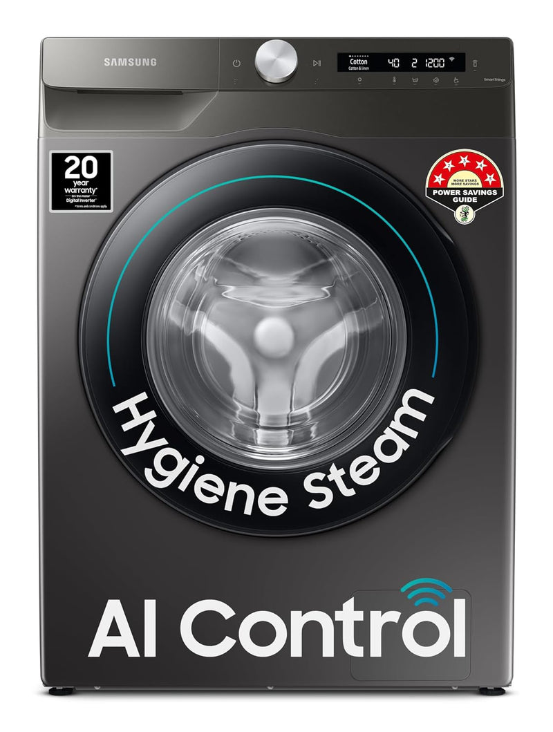 Samsung 7 kg, 5 Star, AI Control, Wi-Fi, Digital Inverter, Motor, Fully-Automatic Front Load Washing Machine (WW70T502NAN1TL, Hygiene Steam, Inox)