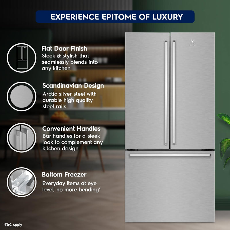 Electrolux 524L Frost Free Inverter French Door Refrigerator, TasteLockAuto Technology, Auto Ice & Even Temp Function, Arctic Silver Steel, UltimateTaste 700, EHE5224C-A | Open Box like New |