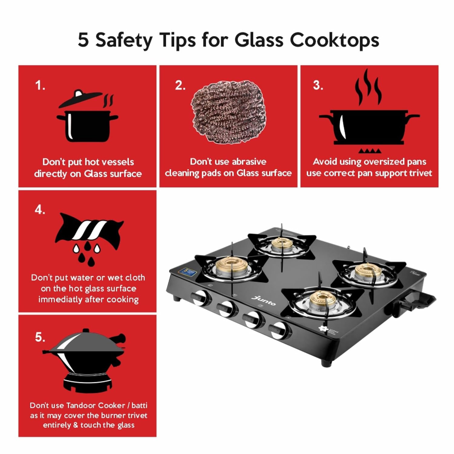 UCOOK JUNTO Z Series 4 Burners Glass Top Glass Manual Gas Stove (4 Burners)
