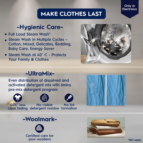 Electrolux 8kg 5 Star Fully Automatic Front Load Washing Machine with UltraMix, Full Load Vapour Wash for Sustainable Clothing, Hygienic Care, EcoInverter, White, UltimateCare 500, EWF8024R5WB