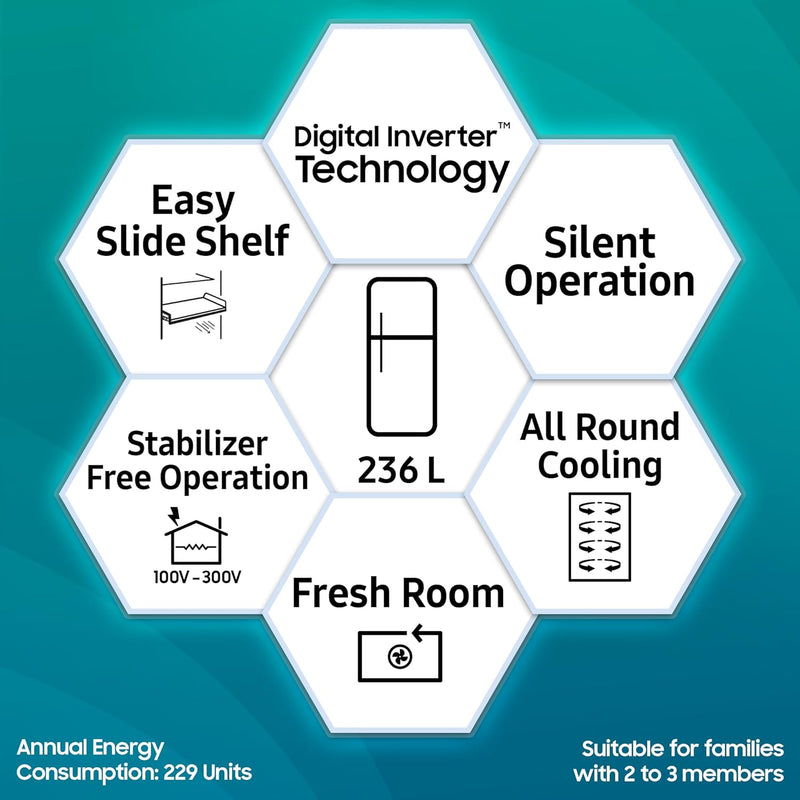 Samsung 236 L, 3 Star, Digital Inverter, Frost Free Double Door Refrigerator (RT28C3053S8/HL, Silver, Elegant Inox, 2024 Model)