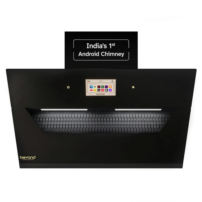 Beyond Appliances Eris 90cm Auto Clean Slant Kitchen Chimney | Free Installation | 1500 CMH Suction | Filterless | Smart Touchscreen Display | Touch Control | Black | PAN INDIA SER