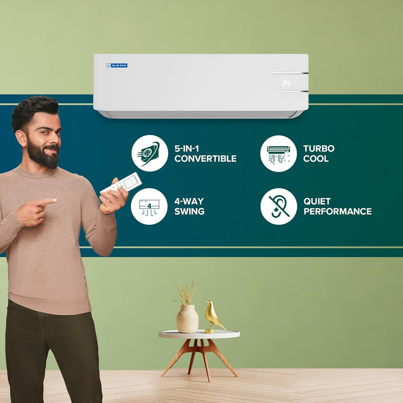 Blue Star 1.5 Ton 3 Star Wi-Fi Inverter Smart Split AC Copper 5 in 1 Convertible Cooling 4-Way Swing Turbo Cool Voice Command IC318YNUS 2023 Model White