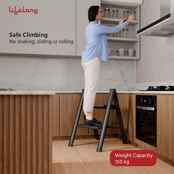 Lifelong 2 Steps Steel Ladder for Home, Foldable & Portable Stairs, Versatile Use for Kitchen, Bathroom & Office Foot Stool - Multipurpose Two Step St