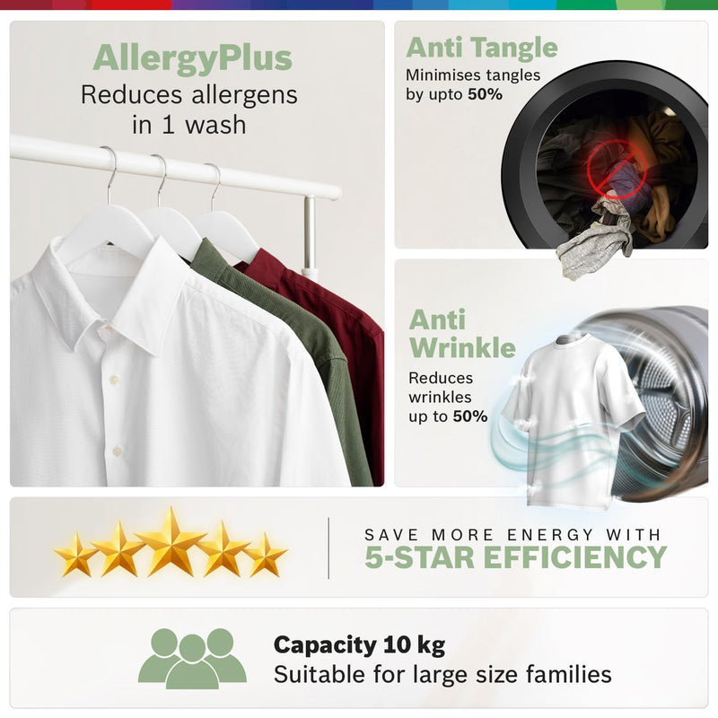 Bosch 10 kg, 5-Star, AI Active Water+, Anti Stain, Iron Steam Assist, Anti Tangle, Fully-Automatic Front Loading Washing Machine (WGA254ZJIN, Reload Function, In-Built Heater, Autumn Green)