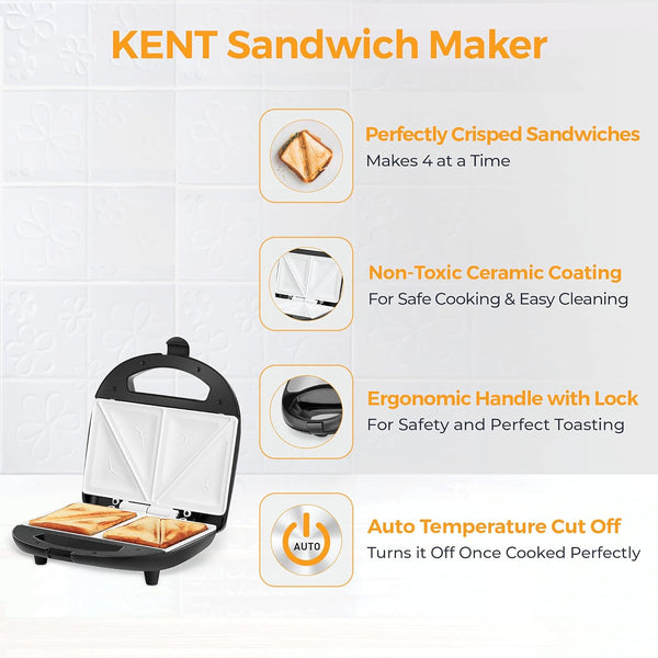 Kent Sandwich Maker, (16024), 700W, Non-Toxic Ceramic Coating Plate, Make 4 Sandwiches, Black, Standard